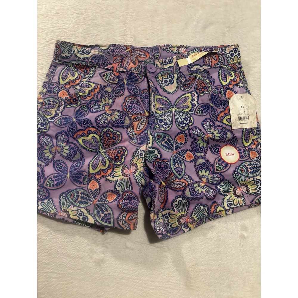 NEW Faded Glory Shorts Size 14 Adjustable Waist Midi Purple Butterfly Pockets